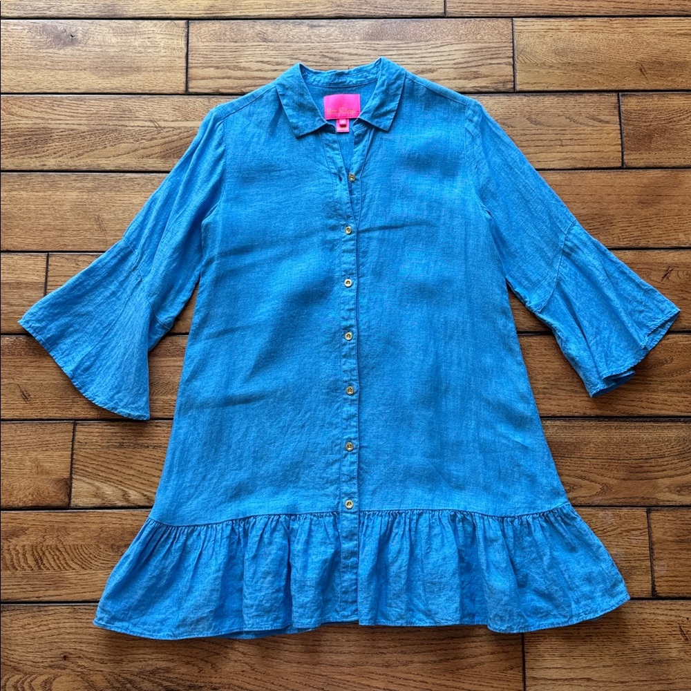 Lilly Pulitzer Linley Button-Front Blue Minidress Coverup Bell Sleeves‎ XS Linen
